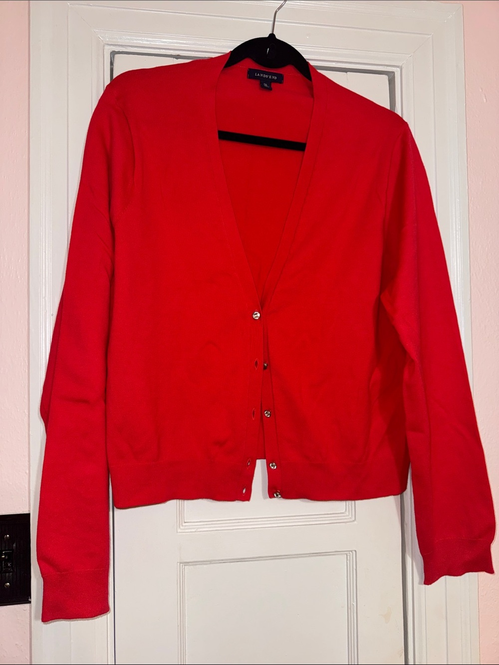 Lands End Bright Red V-Neck Button Cardigan